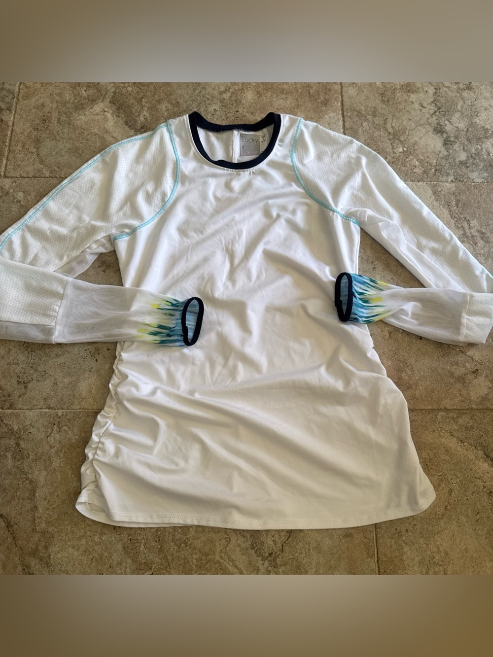 Lucky in love woman’s White Long Sleeve Performance Top ruched sheer vented